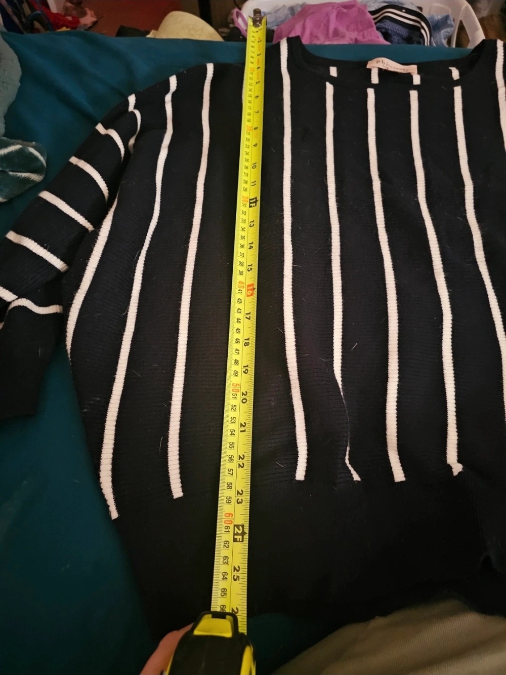 Philosophy Black and White Vertical Stripe Crewneck Sweater